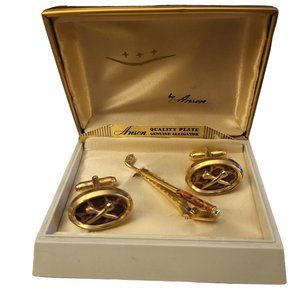 Vintage Mens 1950s Anson Cufflink Tie Clip Set Genuine Alligator w/Original Box